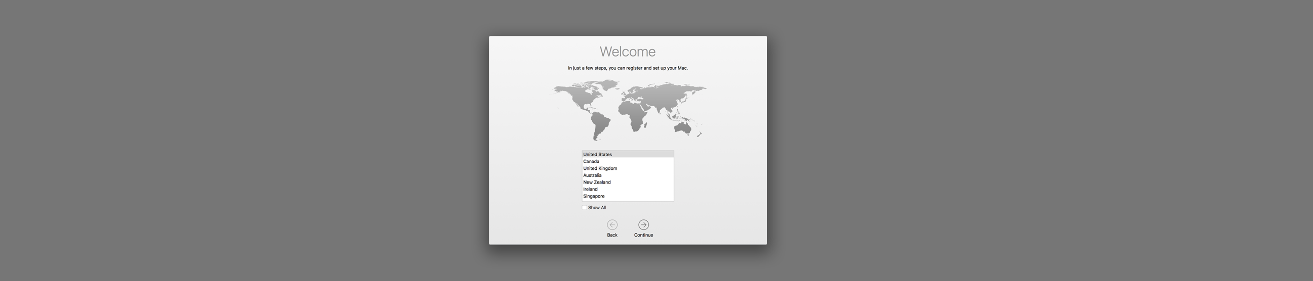 Image showing stage 1 of set-up on macOS (pick a country)