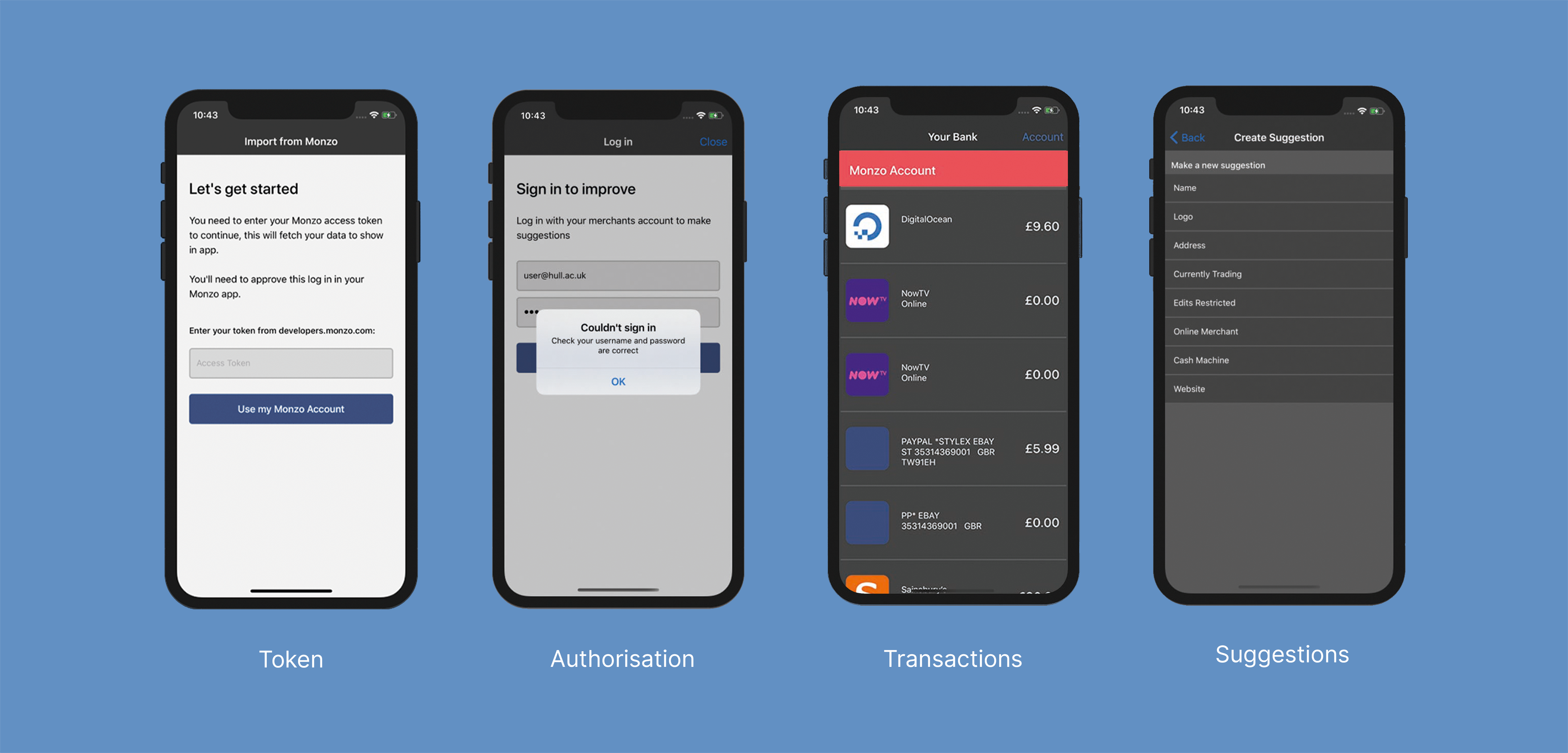 Screens from the mobile app showing token, authorisation, transaction and suggestions